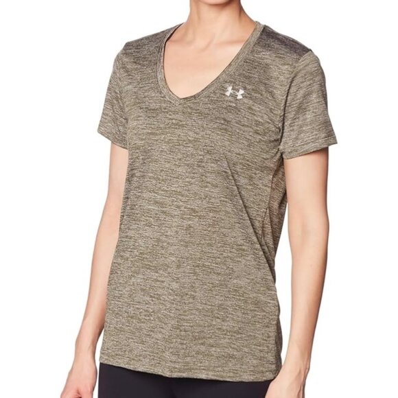 Under Armour Women’s Heathered Brown V Neck Loose Fit Heatgear Top Medium - Picture 1 of 10